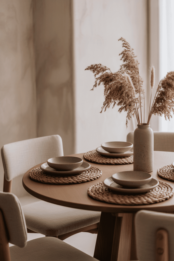Organic modern dining table styled with wood, stoneware, ceramics, and linen.