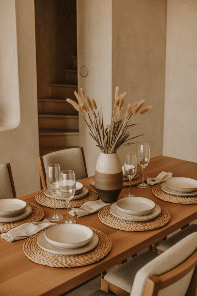 Organic modern dining table styled with wood, stoneware, ceramics, and linen.