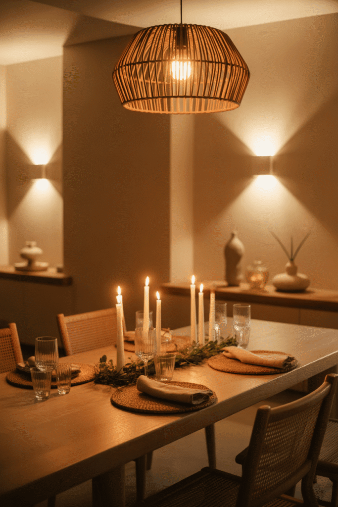 Dining room with cozy ambient lighting from rattan pendant, candles, and sconces.