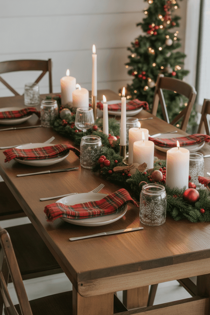 Rustic farmhouse Christmas dinner table with wood, plaid, and cozy candle decor.