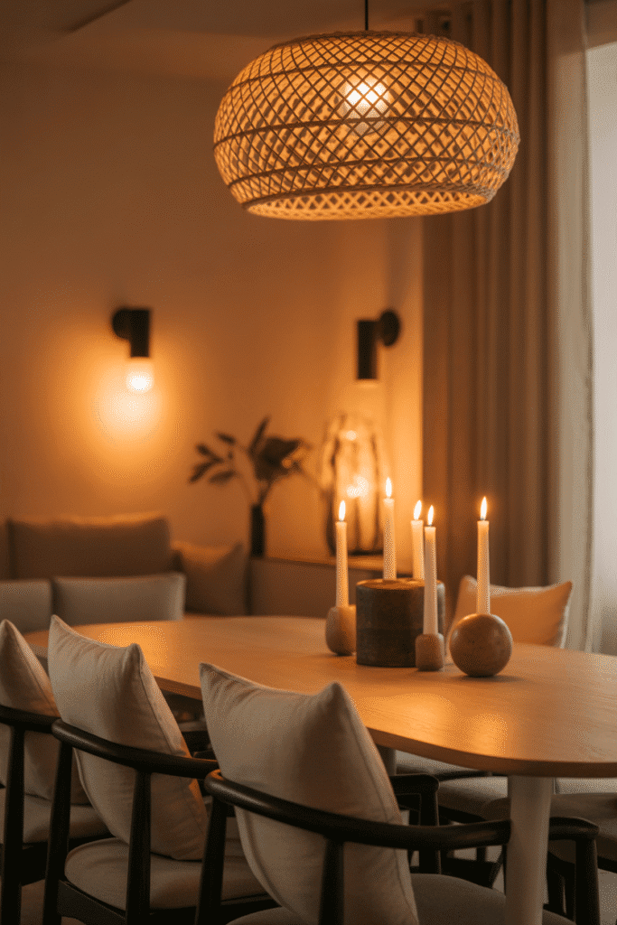 Dining room with cozy ambient lighting from rattan pendant, candles, and sconces.