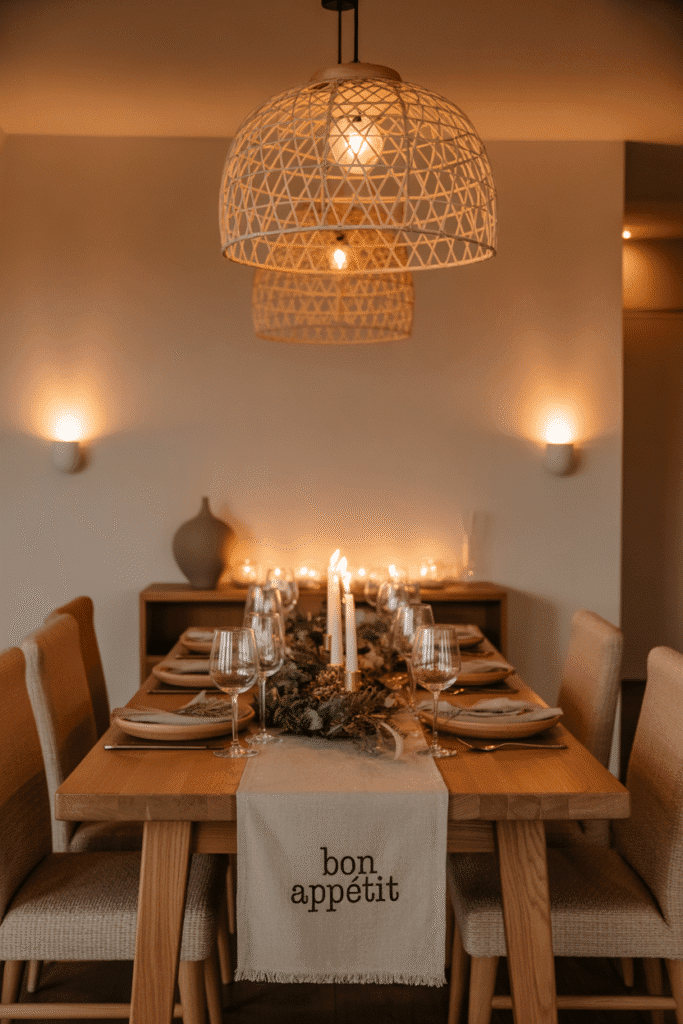 Dining room with cozy ambient lighting from rattan pendant, candles, and sconces.