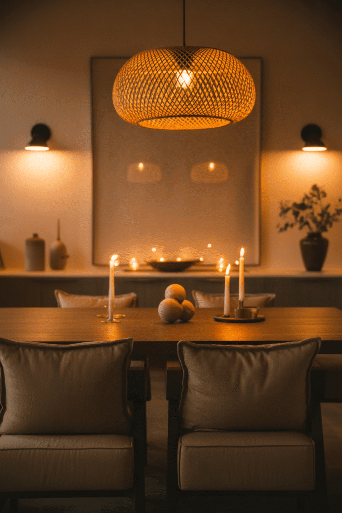 Dining room with cozy ambient lighting from rattan pendant, candles, and sconces.