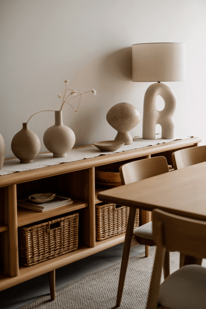 Dining room with wooden sideboard, ceramics, and woven basket storage in organic modern style.