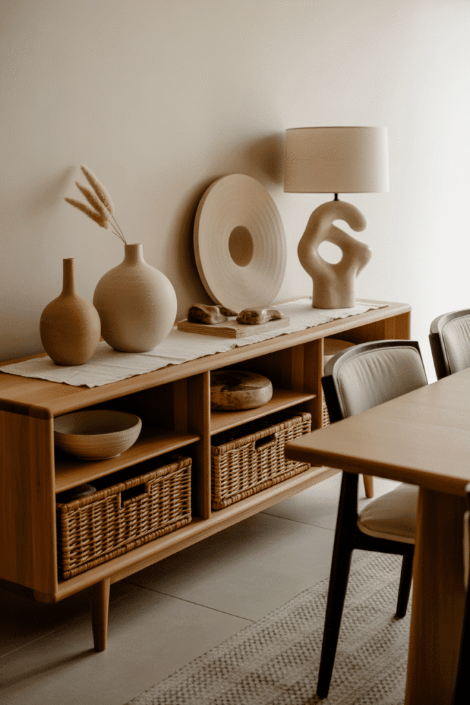Dining room with wooden sideboard, ceramics, and woven basket storage in organic modern style.