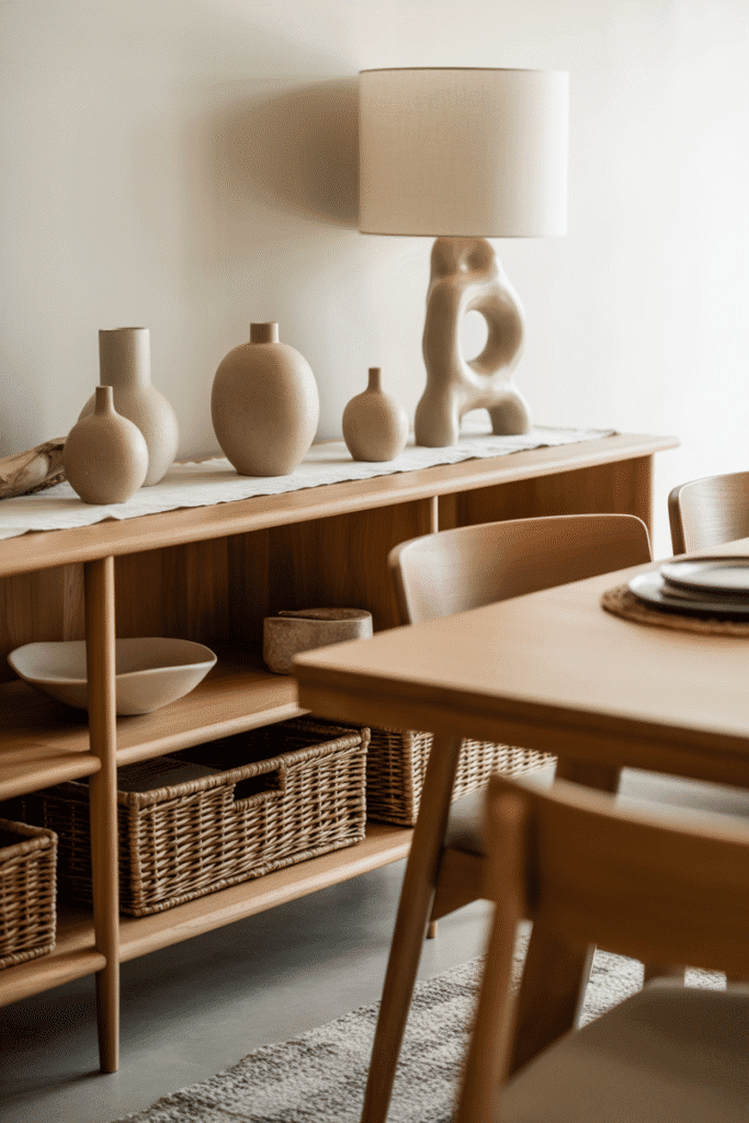 Dining room with wooden sideboard, ceramics, and woven basket storage in organic modern style.
