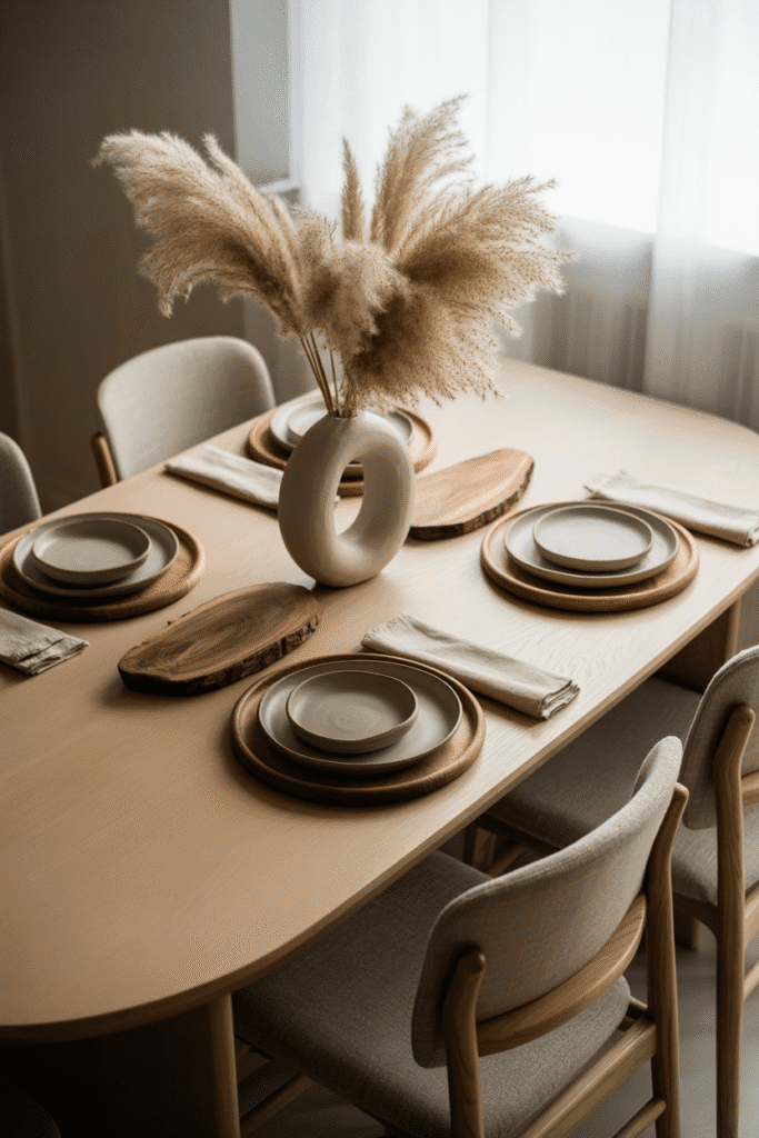 Dining table styled with handmade ceramics, wooden boards, and linen napkins.