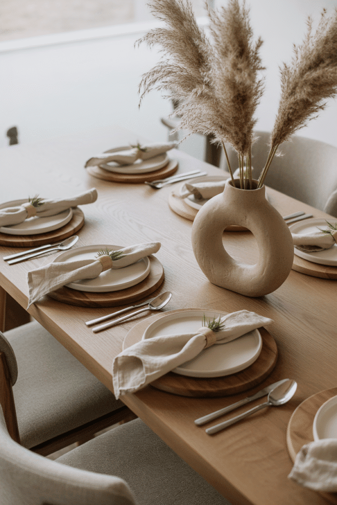 Dining table styled with handmade ceramics, wooden boards, and linen napkins.