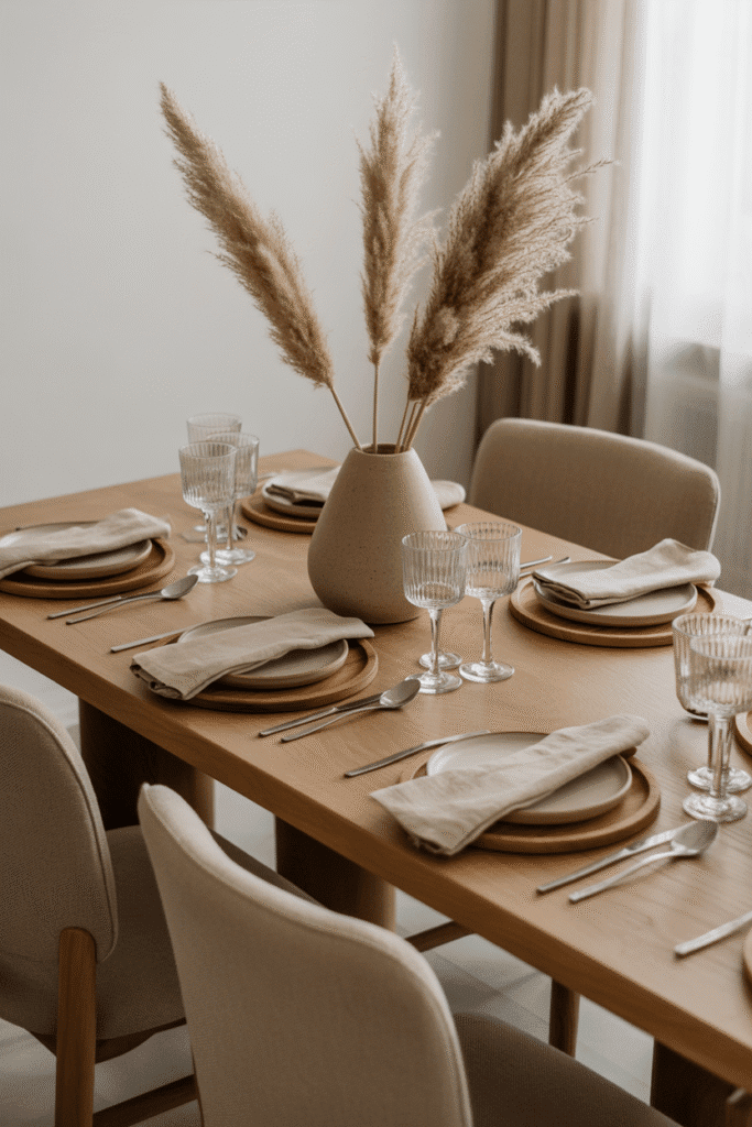 Dining table styled with handmade ceramics, wooden boards, and linen napkins.
