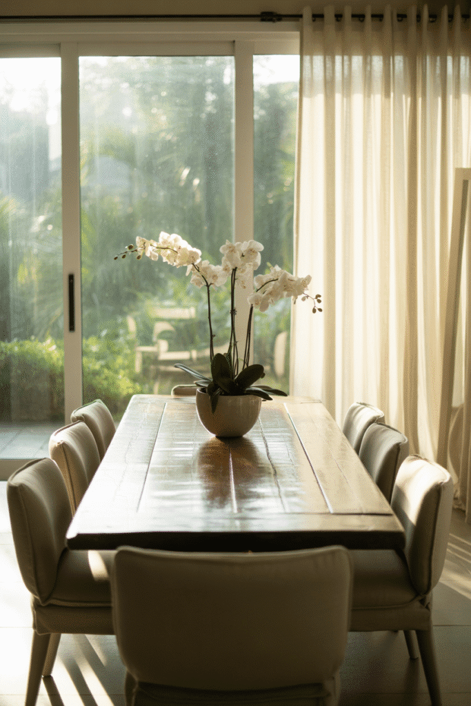 Organic modern dining room with large windows, wood table, and linen chairs.