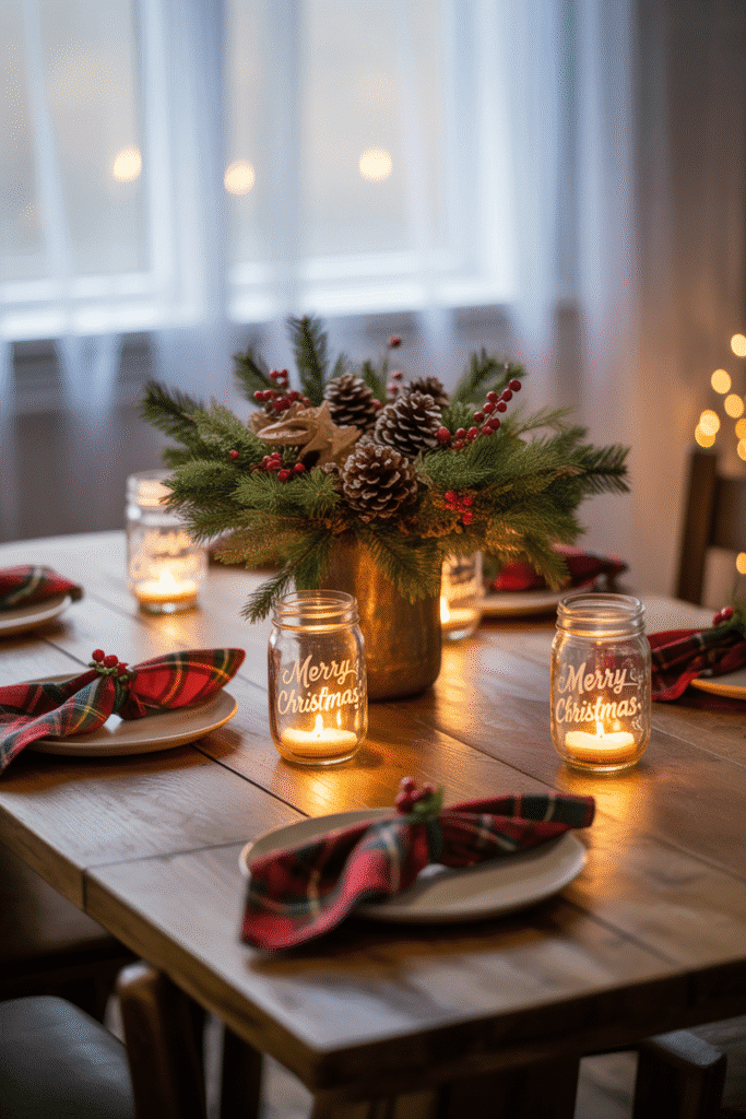 Rustic farmhouse Christmas dinner table with wood, plaid, and cozy candle decor.