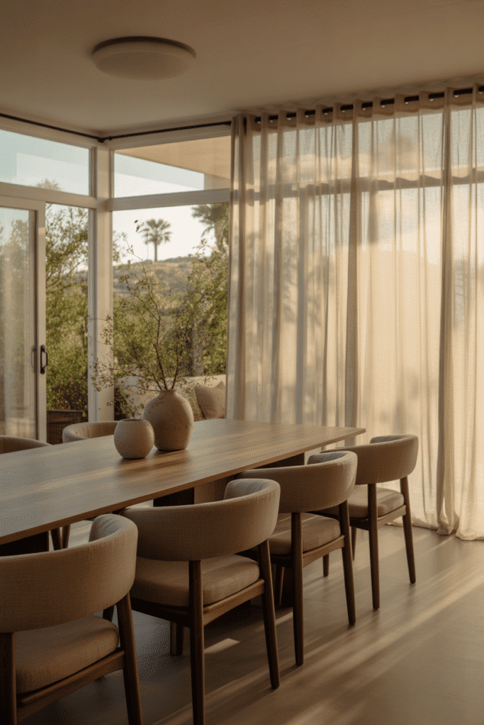 Organic modern dining room with large windows, wood table, and linen chairs.