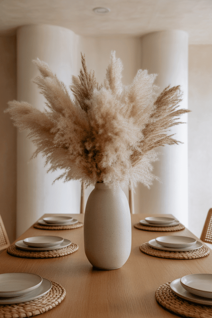 Dining table with ceramic vase centerpiece filled with pampas grass in organic modern style.