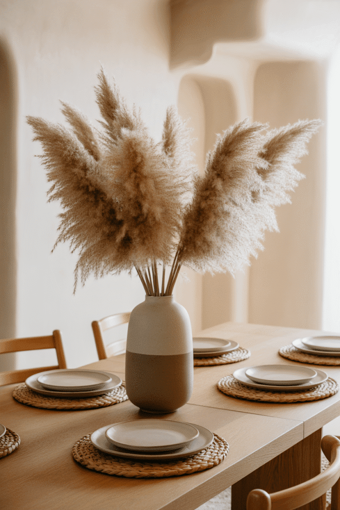 Dining table with ceramic vase centerpiece filled with pampas grass in organic modern style.