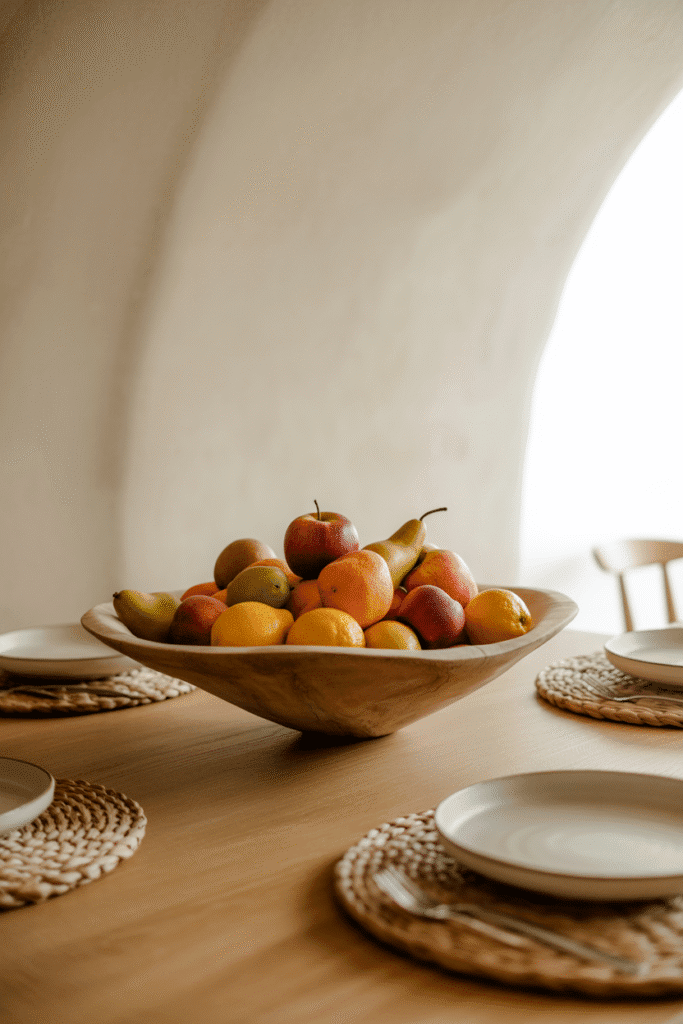 Dining table with ceramic vase centerpiece filled with pampas grass in organic modern style.