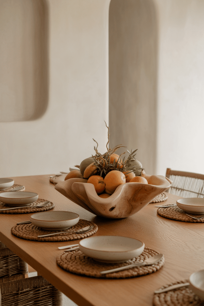Dining table with ceramic vase centerpiece filled with pampas grass in organic modern style.