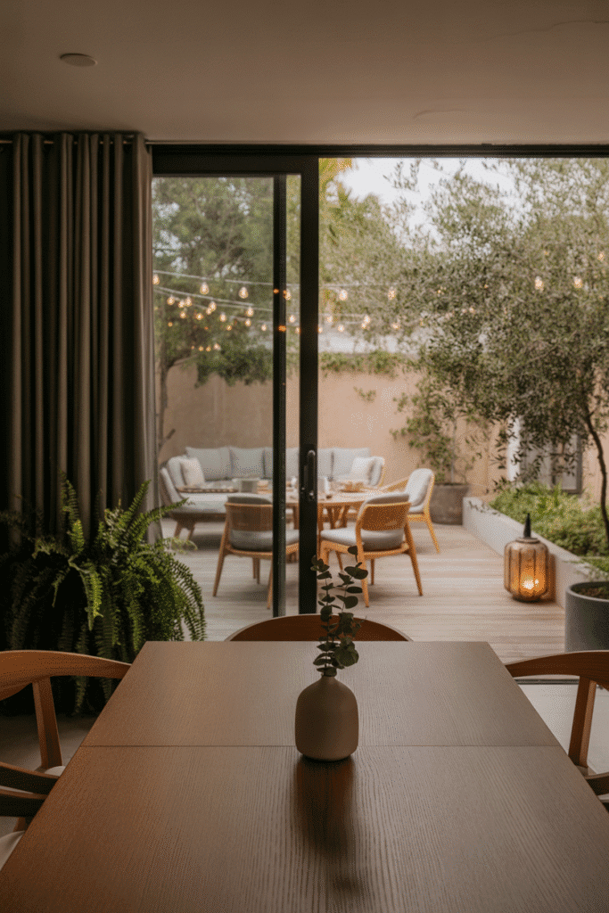 Organic modern dining room flowing into outdoor deck with matching furniture.