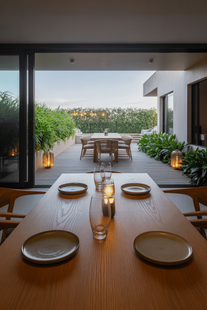 Organic modern dining room flowing into outdoor deck with matching furniture.