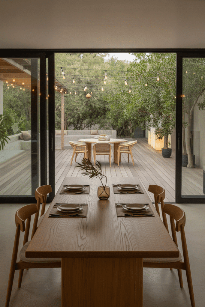Organic modern dining room flowing into outdoor deck with matching furniture.