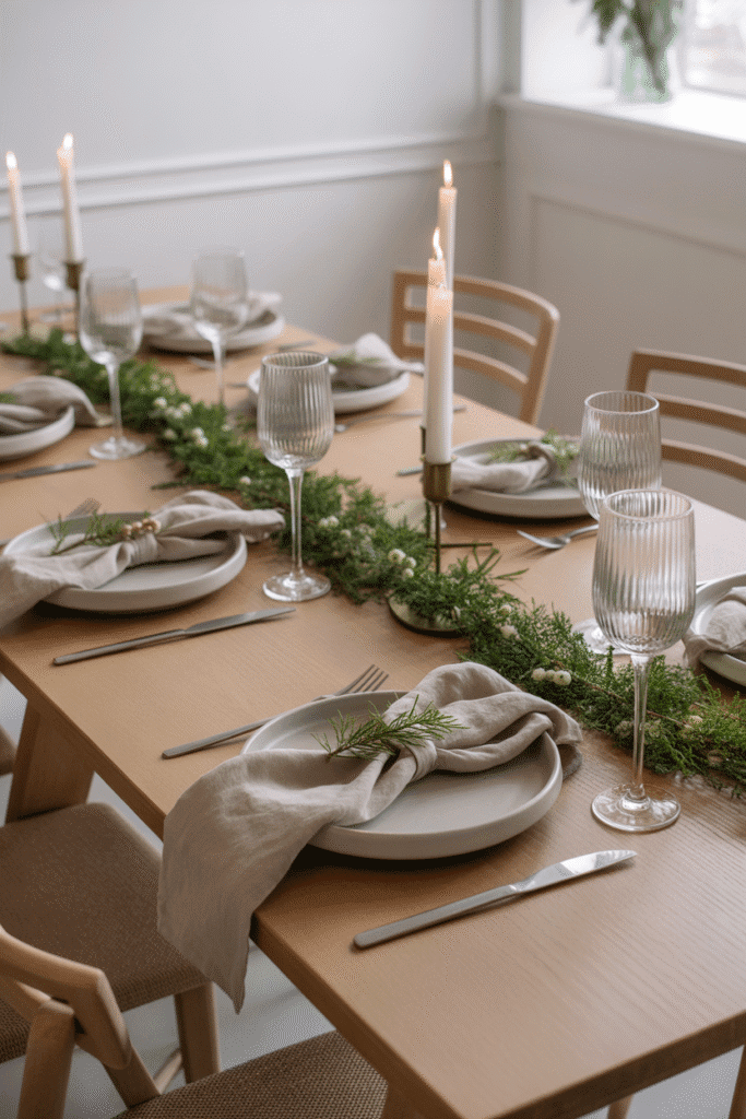 Scandinavian-style minimalist Christmas dinner table with neutral décor and greenery.