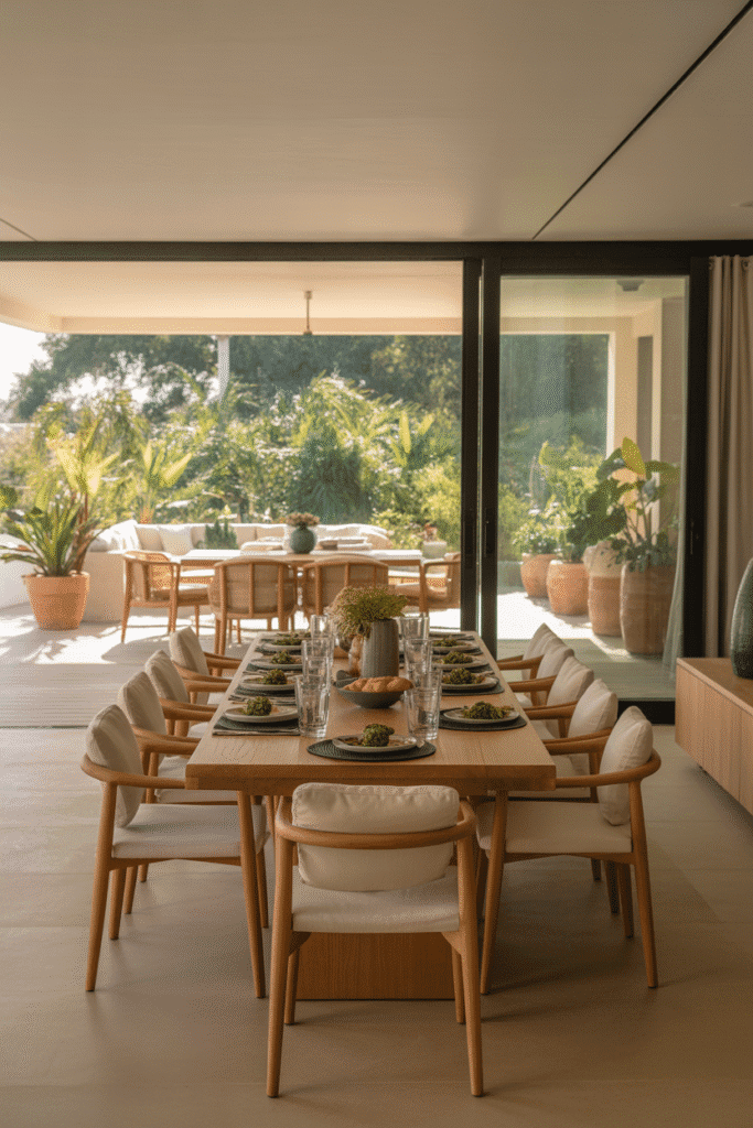 Organic modern dining room flowing into outdoor deck with matching furniture.