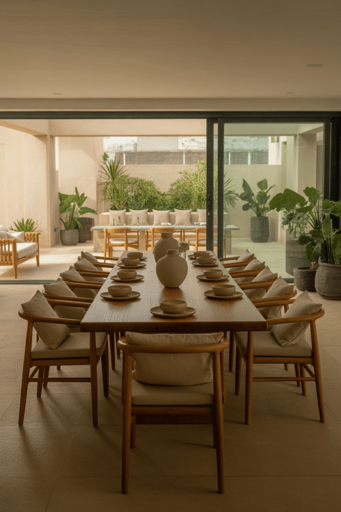 Organic modern dining room flowing into outdoor deck with matching furniture.