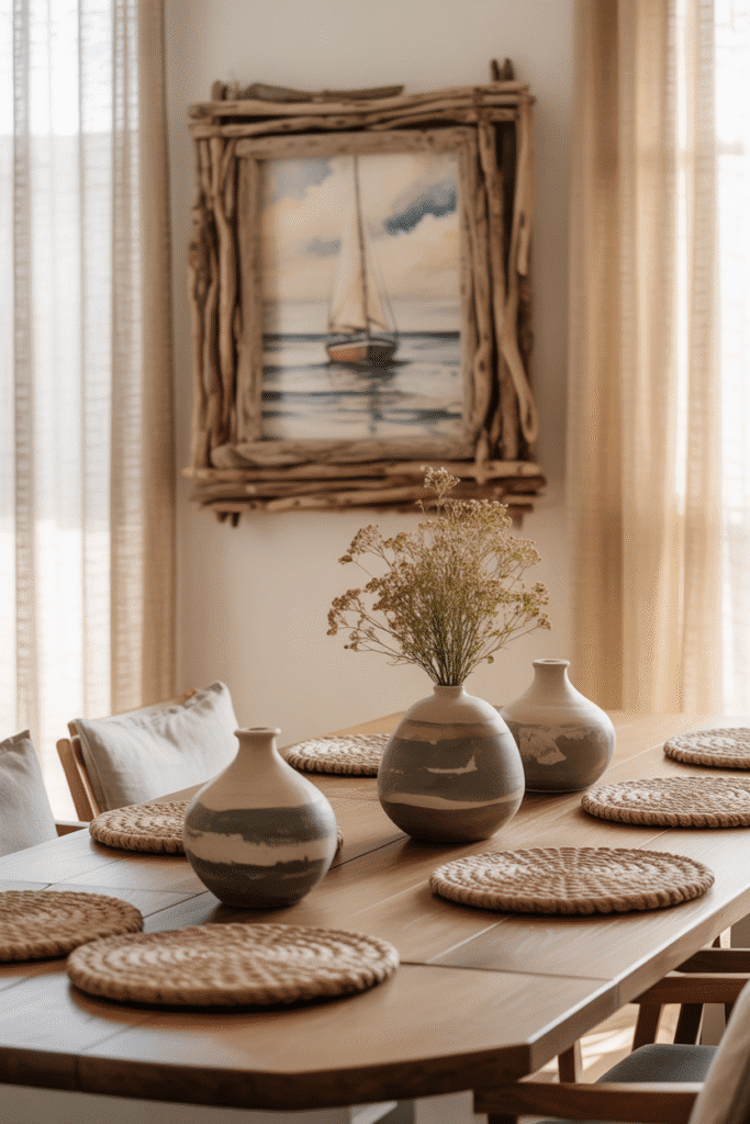 Dining room with driftwood frame, clay vases, and macrame placemats in organic modern style.”