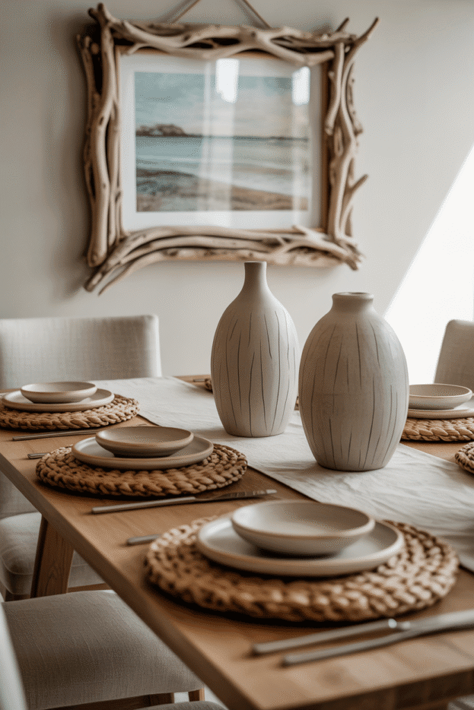 Dining room with driftwood frame, clay vases, and macrame placemats in organic modern style.”
