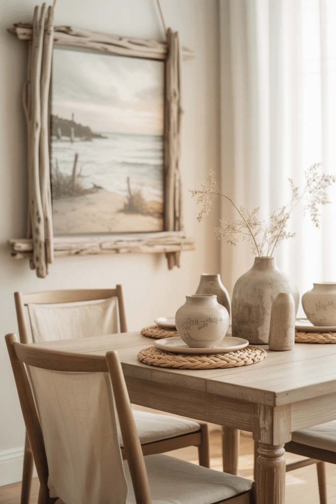 Dining room with driftwood frame, clay vases, and macrame placemats in organic modern style.”