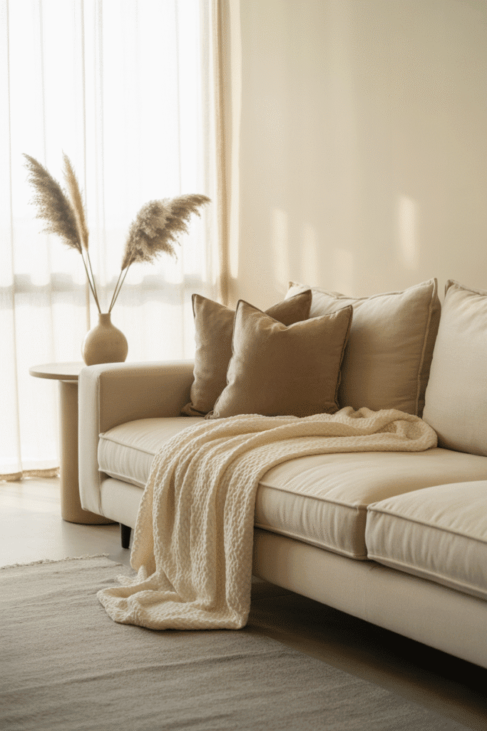 As a part of organic modern living room ideas this picture shows a neutral organic modern living room with beige sofa, white walls, and driftwood accents.