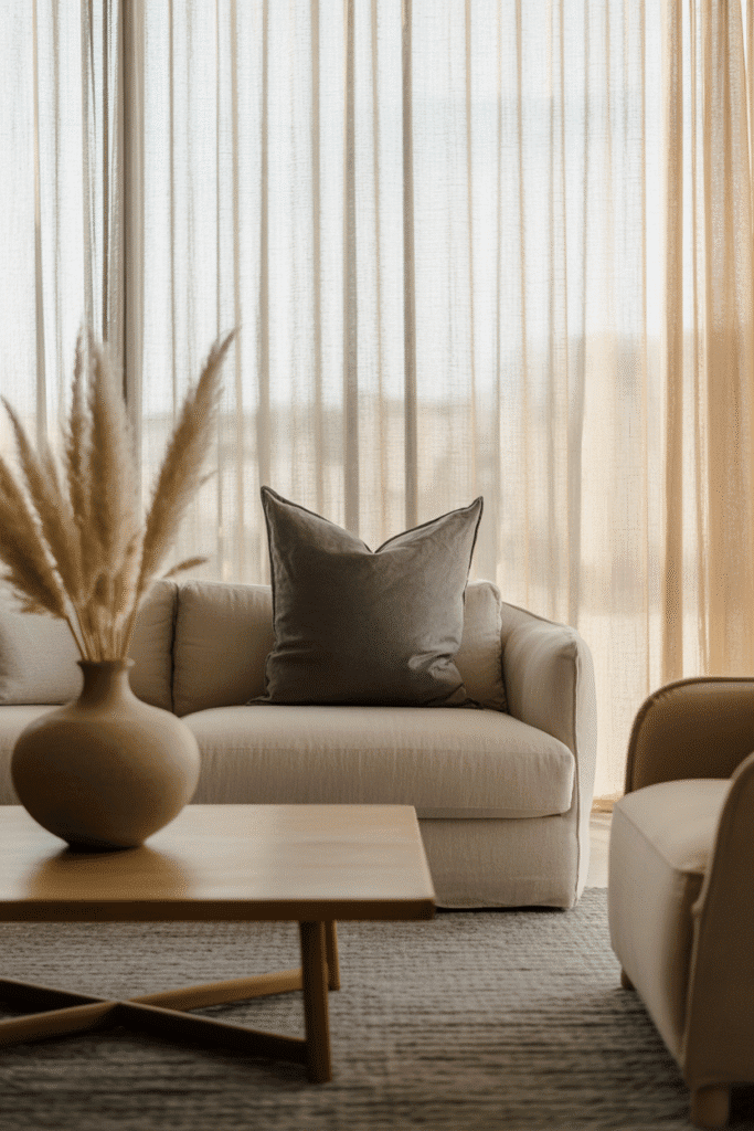 Neutral organic modern living room with beige sofa, white walls, and driftwood accents.