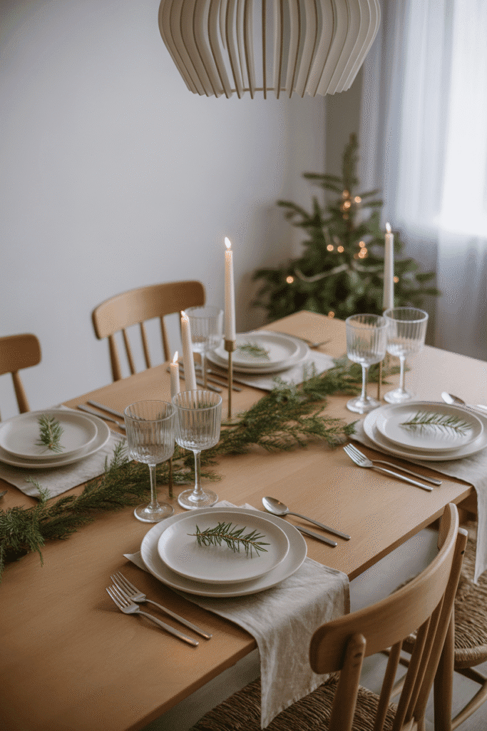 Scandinavian-style minimalist Christmas dinner table with neutral décor and greenery.