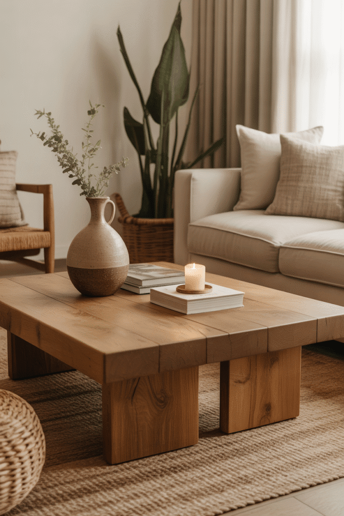 Living room with reclaimed oak coffee table styled with books and ceramic vase.