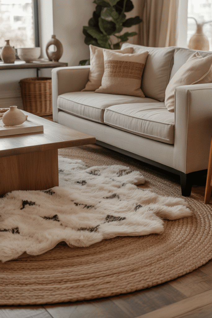 Organic modern living room with layered jute and wool rugs under sofa and table.