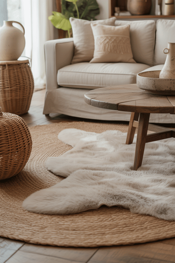 Organic modern living room with layered jute and wool rugs under sofa and table.