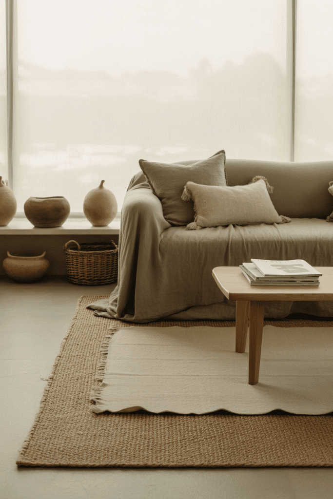 Organic modern living room with layered jute and wool rugs under sofa and table.