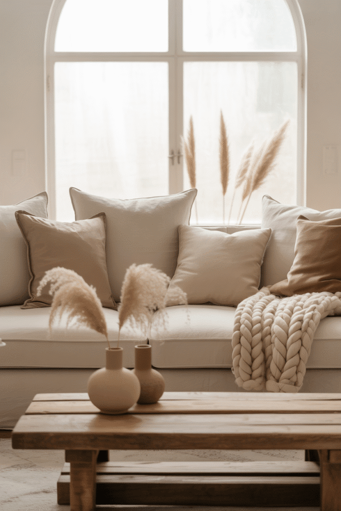 Organic modern living room with ivory linen sofa, neutral pillows, and wooden coffee table.