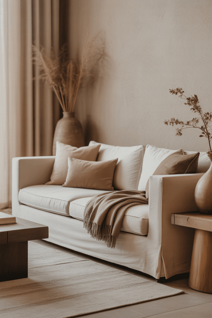 Organic modern living room with ivory linen sofa, neutral pillows, and wooden coffee table.