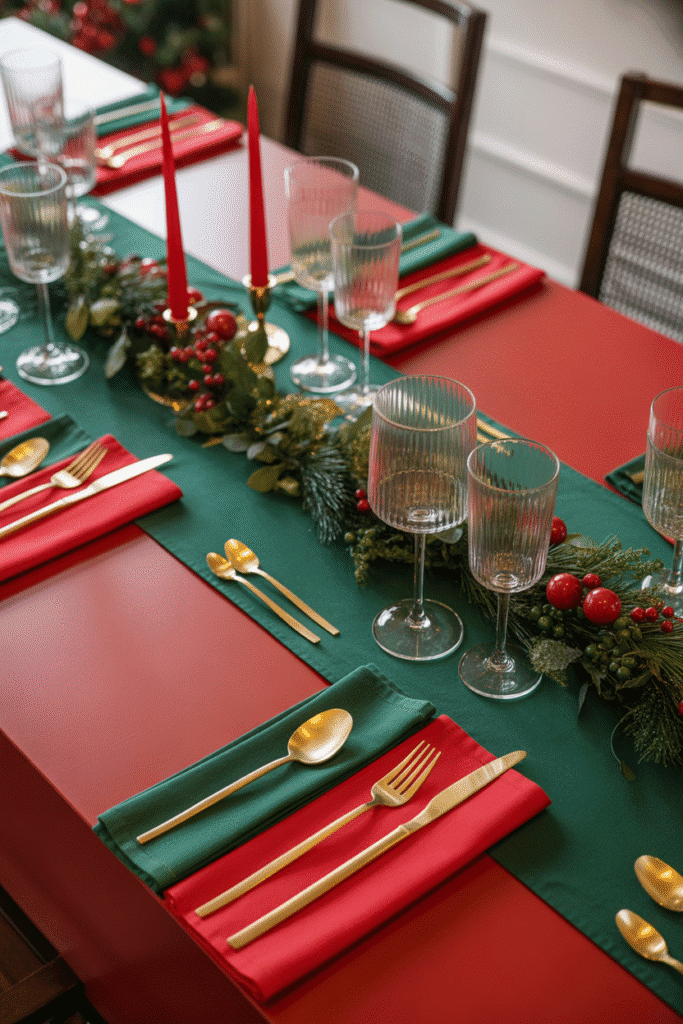 Classic Christmas dinner table setting with red and green décor and gold accents.