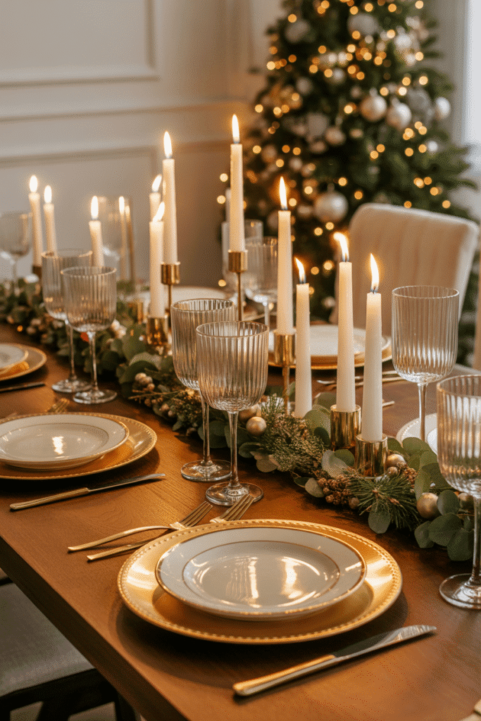 Luxurious gold-themed Christmas dinner table setting with metallic accents.