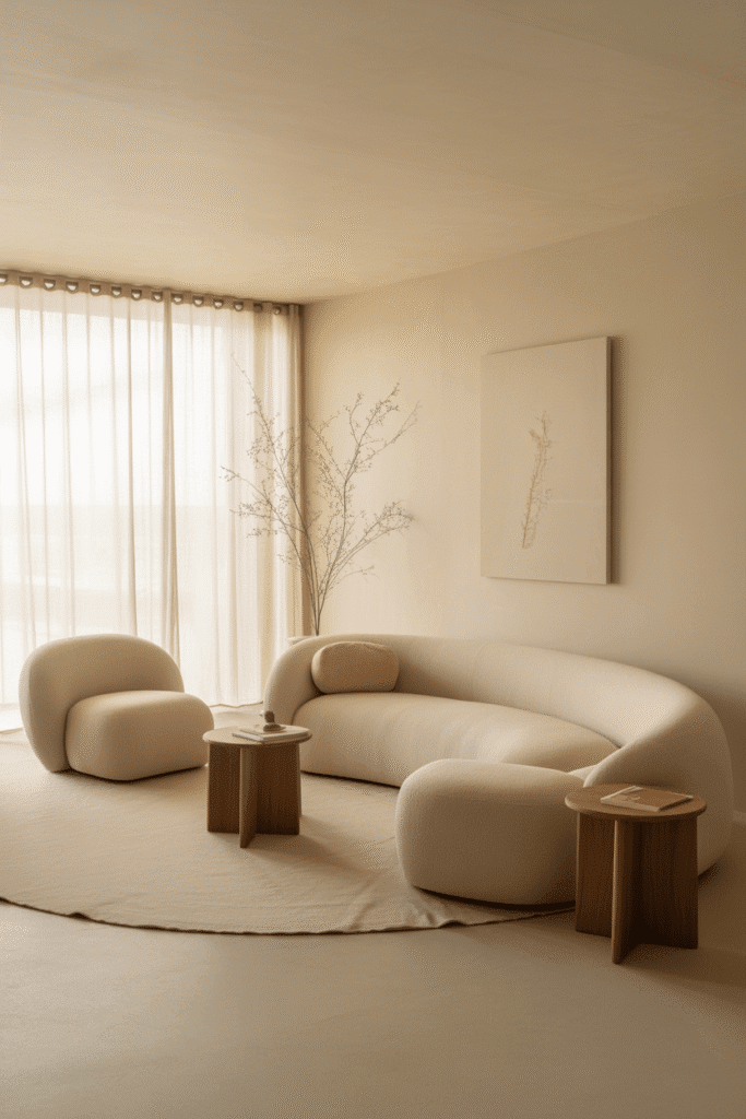 Living room with curved sectional sofa and rounded accent chair in organic modern style.