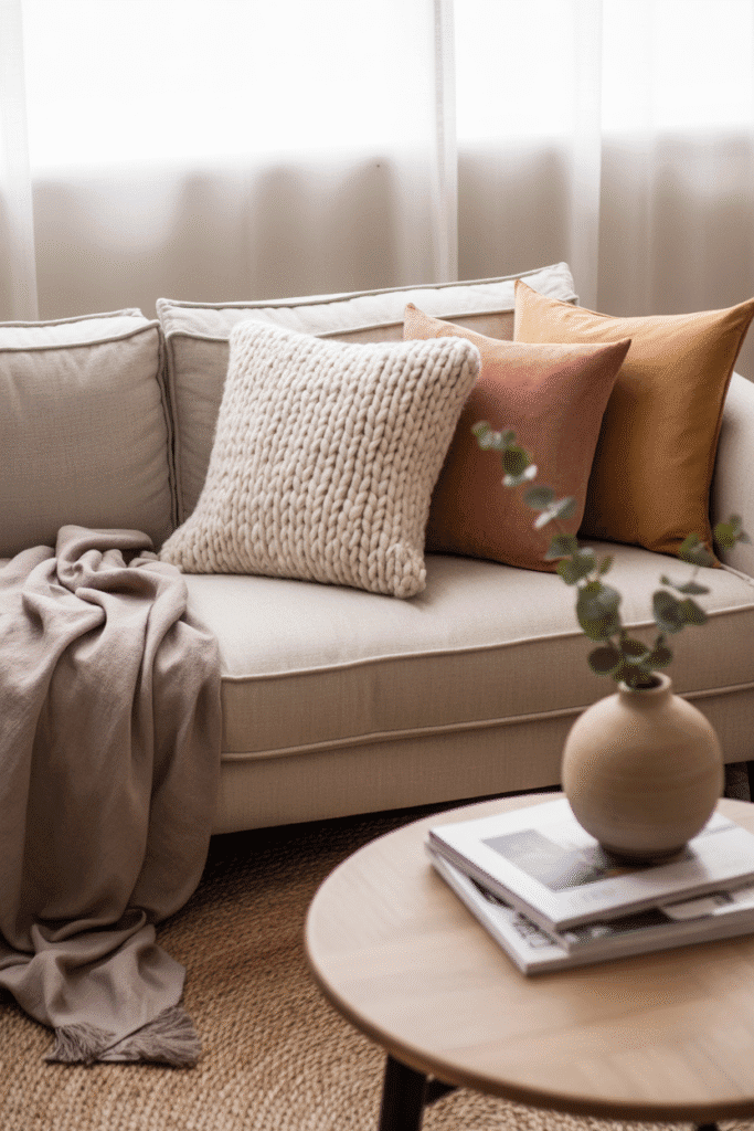 Organic modern living room with linen sofa, cozy throws, and cotton cushions.