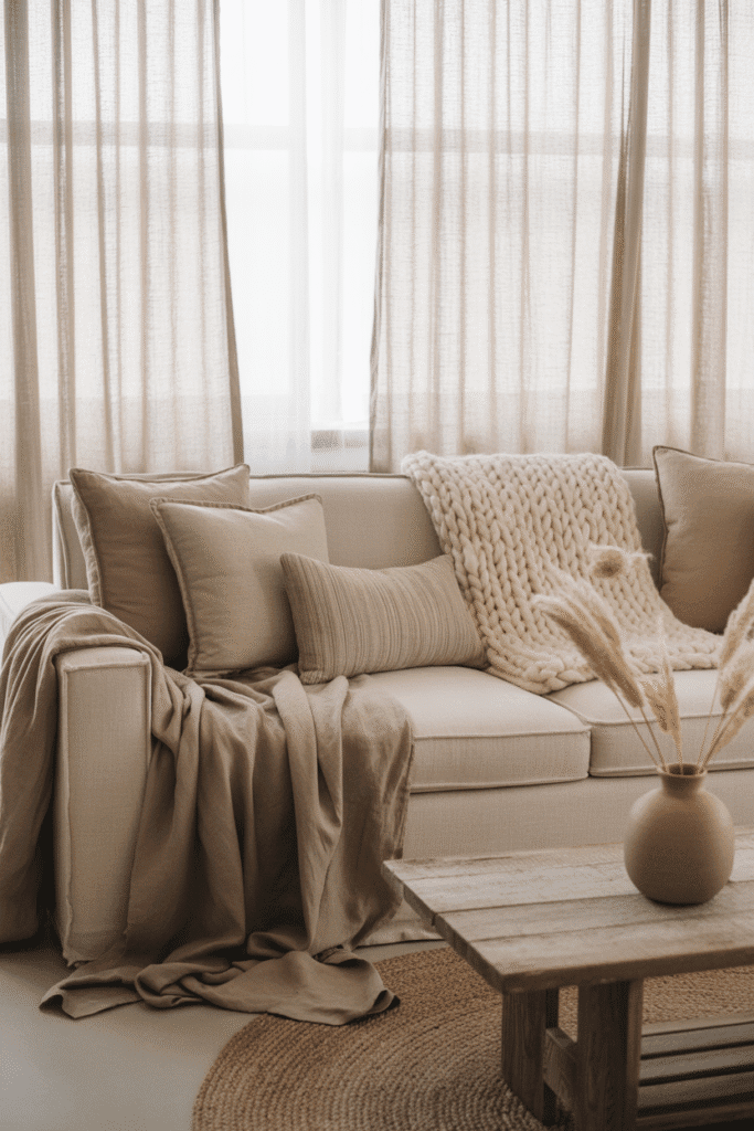 Organic modern living room with linen sofa, cozy throws, and cotton cushions.