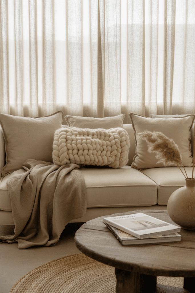 Organic modern living room with linen sofa, cozy throws, and cotton cushions.