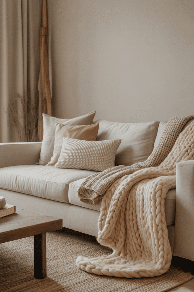 Organic modern living room with linen sofa, cozy throws, and cotton cushions.