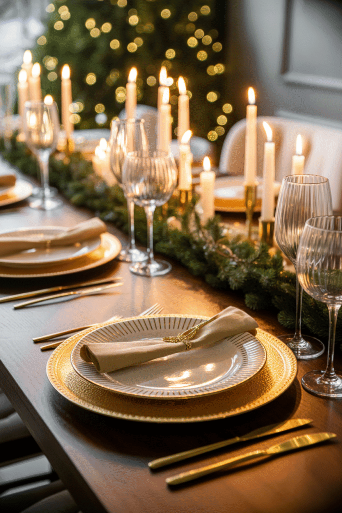 Luxurious gold-themed Christmas dinner table setting with metallic accents.