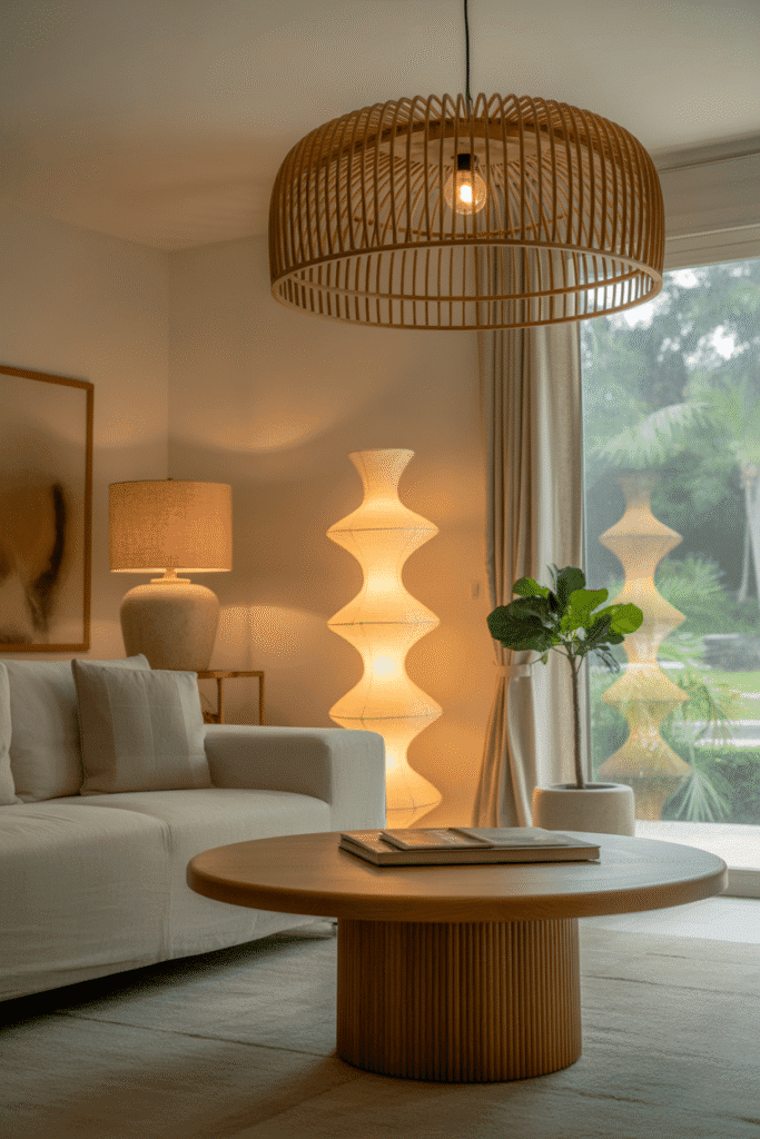 Organic modern living room with rattan pendant light and layered ambient lighting.