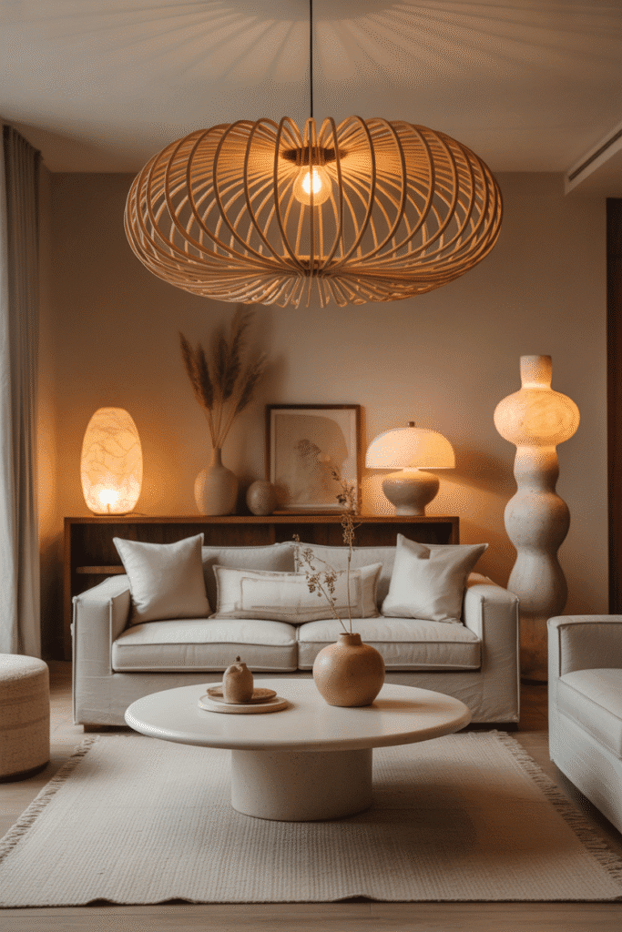 Organic modern living room with rattan pendant light and layered ambient lighting.