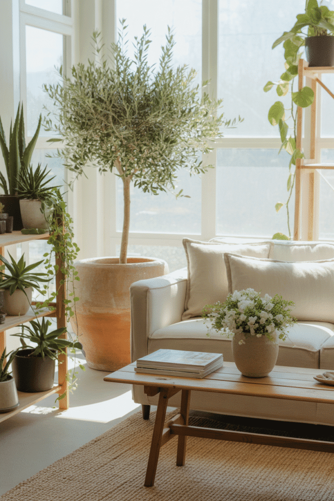 Living room with olive tree, succulents, and organic modern neutral furniture.