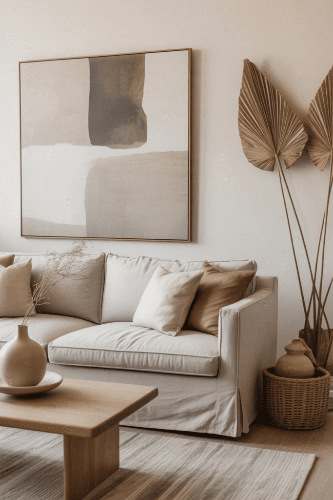 Organic modern living room with neutral abstract wall art and linen sofa.